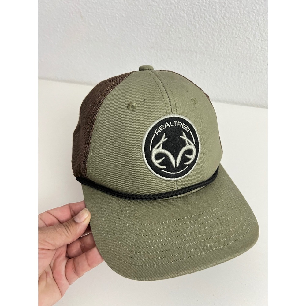 Realtree Trucker Hat Mens Olive Green Brown Mesh Snapback‎ Rope Cap Antler Logo